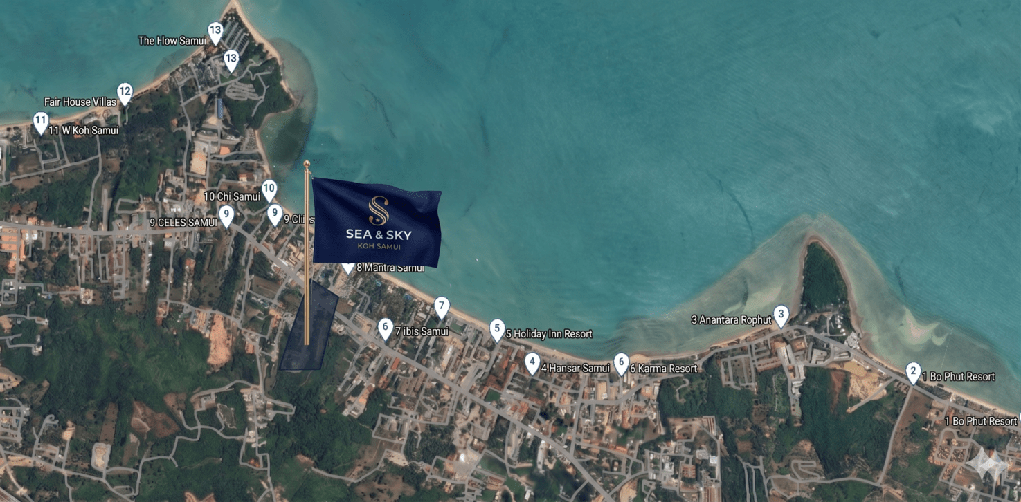 Sea & Sky on a satellite map of Bo Phut with surrounding hotels